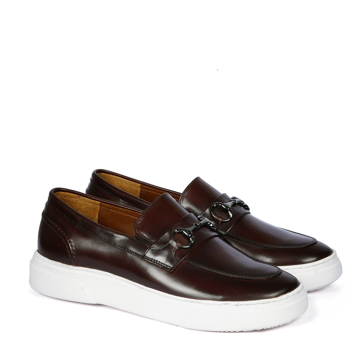 Horse-bit Buckled Slip-On Sneakers in Dark Brown Leather With White Sole
