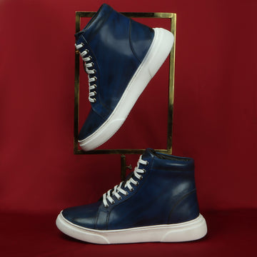 Hand-made Brush Off Blue Finish High Ankle Leather Lace-Up Closure Sneaker by Brune & Bareskin