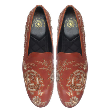 Tan Leather Slip-On Shoes with Copper Gold Zardosi Embroidery By Brune & Bareskin