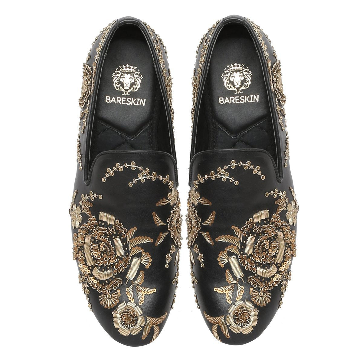 Black Leather Slip-On Shoes with Copper Gold Zardosi Embroidery By Brune & Bareskin