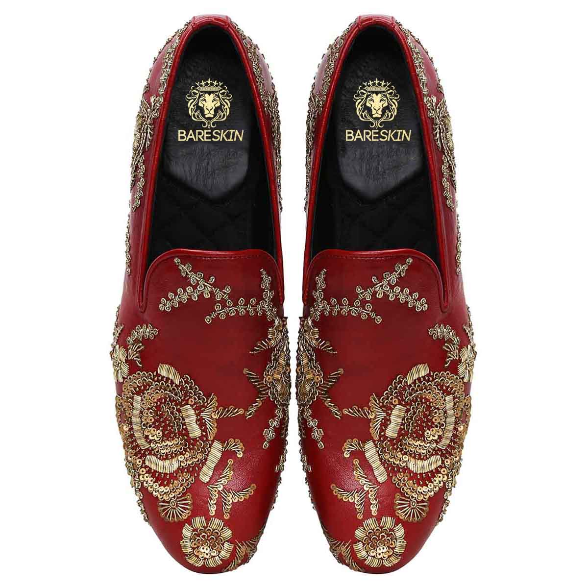 Copper Gold Zardosi Slip-On Shoes in Maroon Genuine Leather By Brune & Bareskin