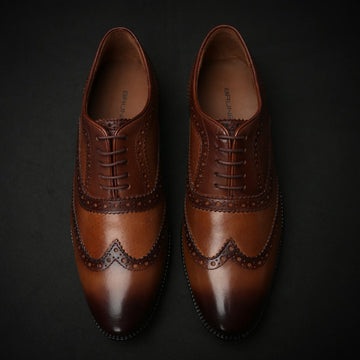 Tan Dual Shade Plain Toe Lace Up Wingtip Oxford Shoes By Brune & Bareskin