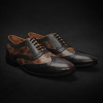 Textured Painted Brown/Tan Dual Shade Leather Brogue Wingtip Oxford Shoes By Brune & Bareskin