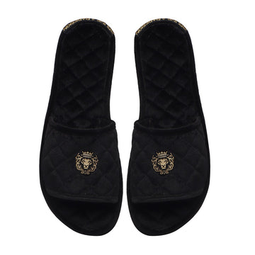Women's Black Super Soft Italian Velvet Full Quilted Stitched Slide-in Slippers By Brune & Bareskin