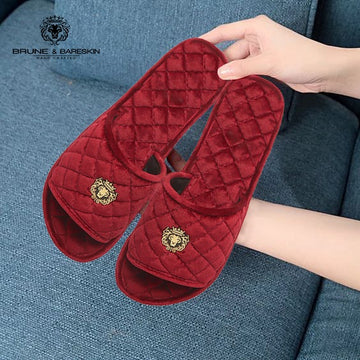 Women's Red Full Quilted Stitched Super Soft Italian Velvet Slide-in Slippers By Brune & Bareskin