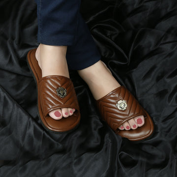Women's Brown Leather Zig-Zag Strap Comfy Slide-in Slippers by Brune & Bareskin