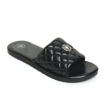 Women's Black Leather Quilted Strap Comfy Slide-in Slippers By Brune & Bareskin