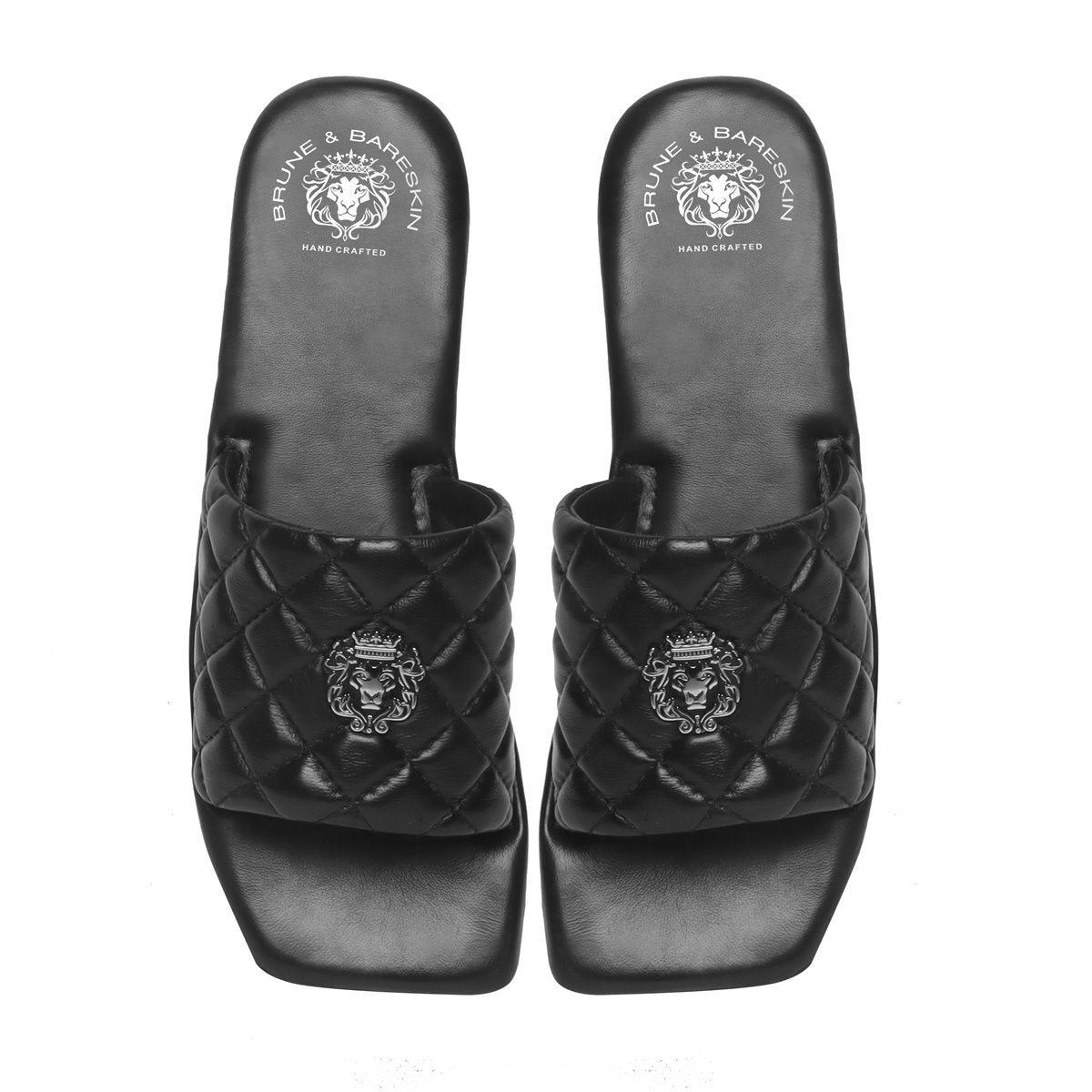 Women's Black Leather Squired Toe Quilted Strap Comfy Slide-in Slippers By Brune & Bareskin