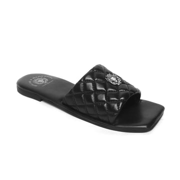 Women's Black Leather Squired Toe Quilted Strap Comfy Slide-in Slippers By Brune & Bareskin