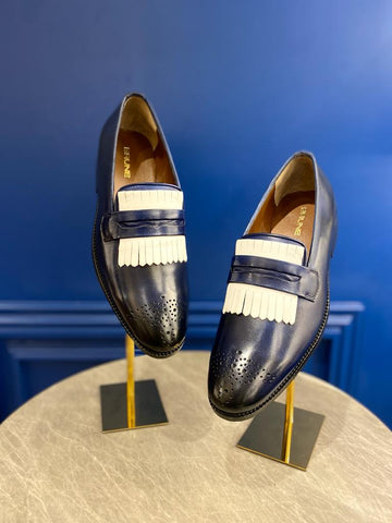 Men's Burnished Patent Blue Leather With White Fringes Slip-On By Brune & Bareskin