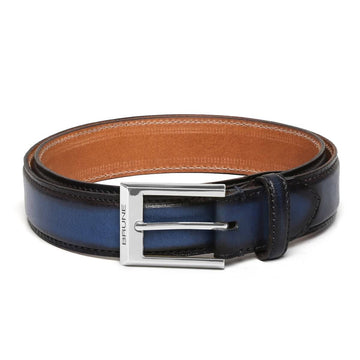 Blue With Silver Square Buckle Hand Painted Leather Formal Belt For Men