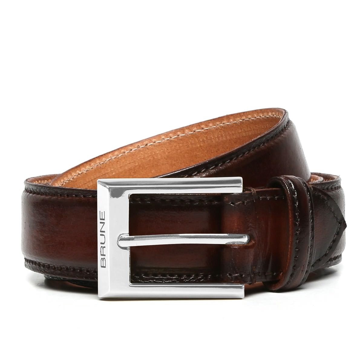 Brune & Bareskin Dark Brown With Silver Square Buckle Hand Painted Leather Formal Belt For Men
