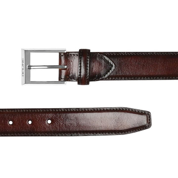 Brune & Bareskin Dark Brown With Silver Square Buckle Hand Painted Leather Formal Belt For Men