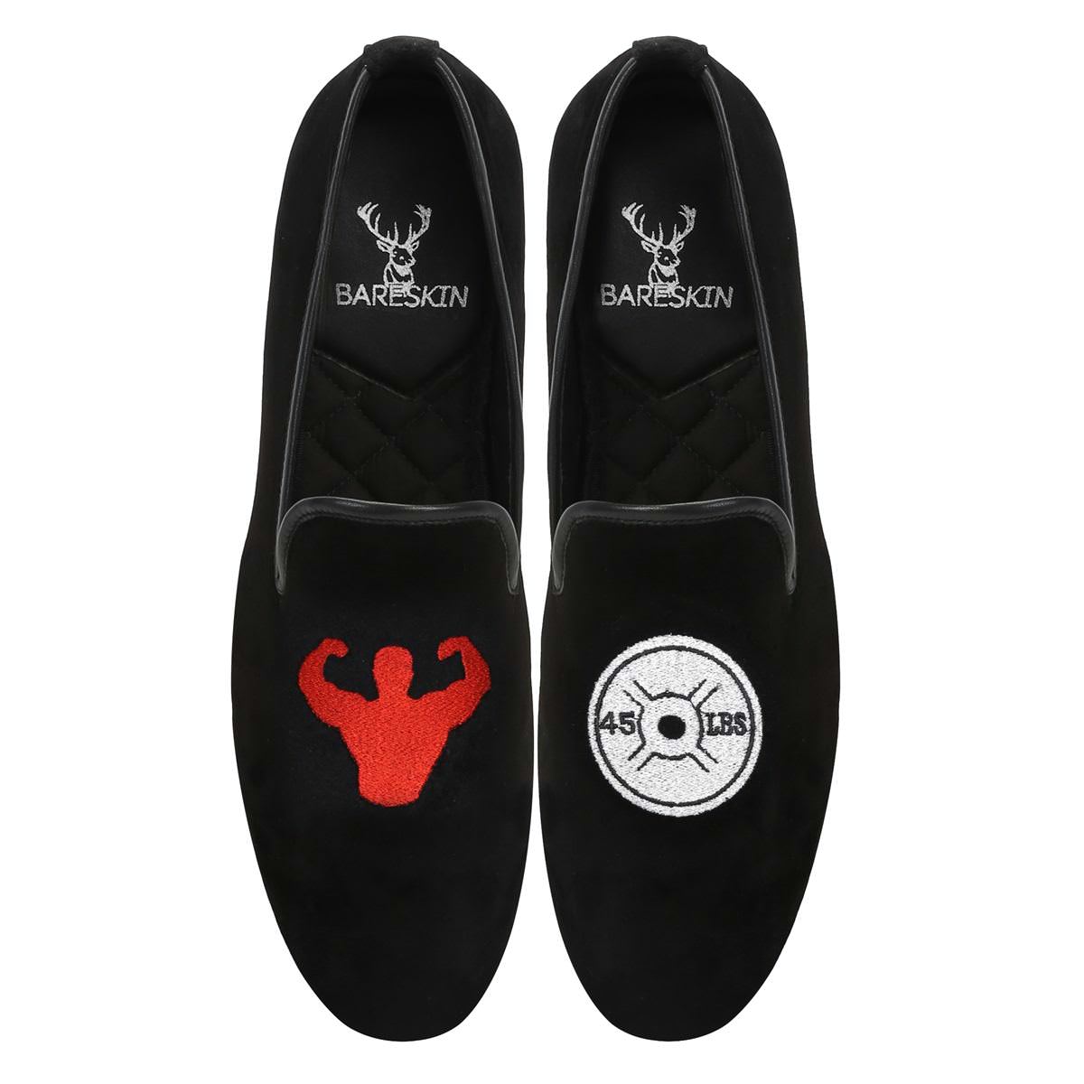 Black Body Building Embroidery Collection Velvet Slip-On Shoes By Bareskin