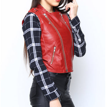 Women Red Sleeveless Leather Jacket