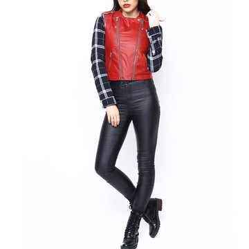 Women Red Sleeveless Leather Jacket