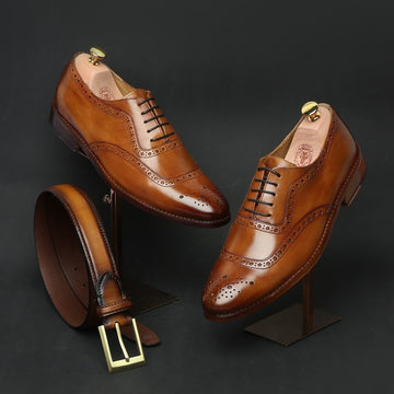Tan combo leather oxfords shoe and golden matte buckle belt