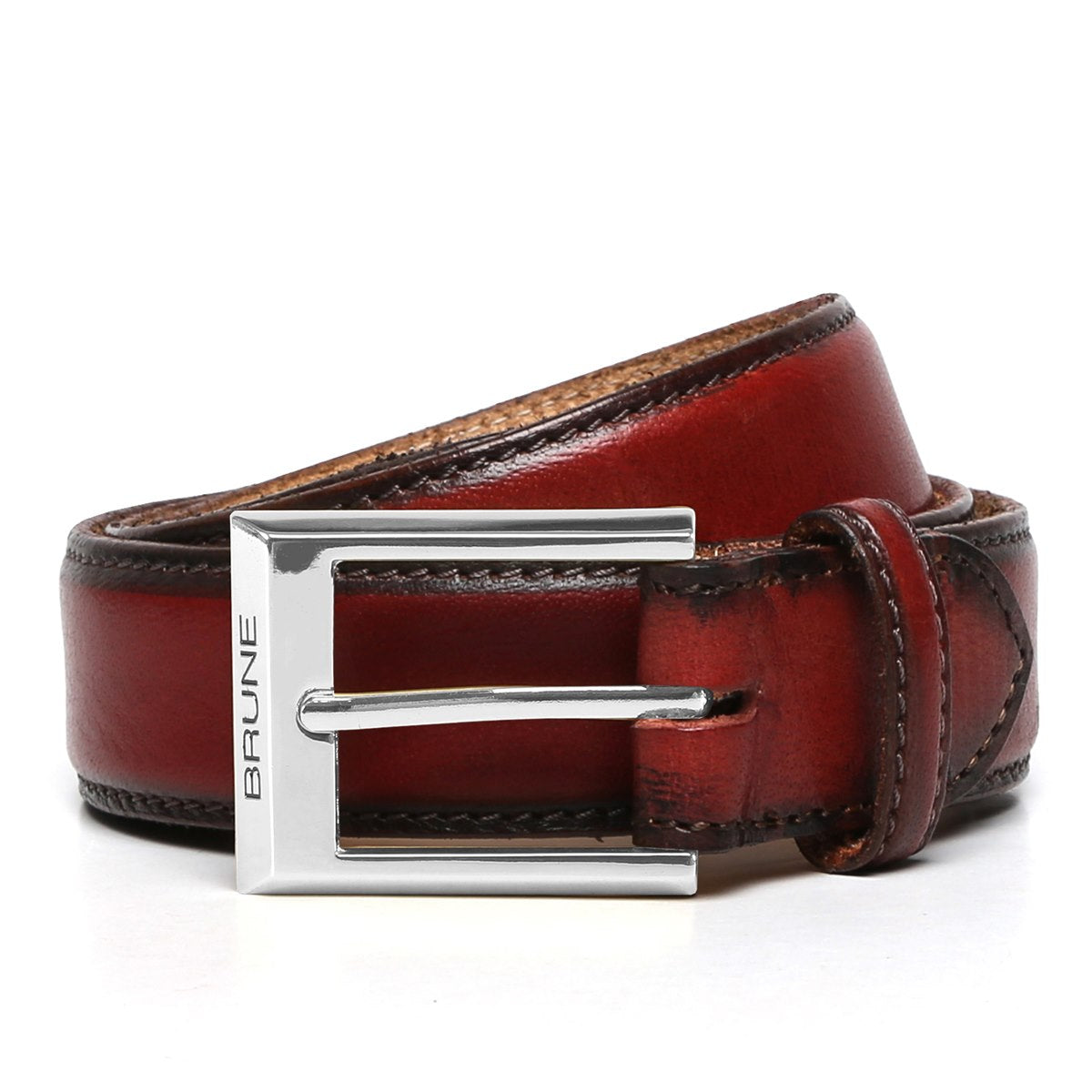 Wine With Silver Square Buckle Hand Painted Leather Formal Belt For Men