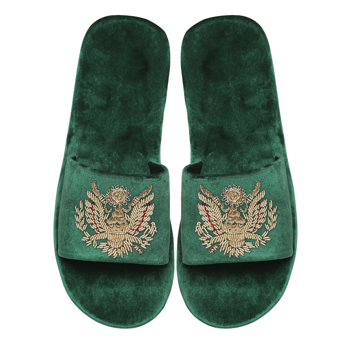 Green Royal Crest Zardosi All Velvet Slide In Slippers By Bareskin