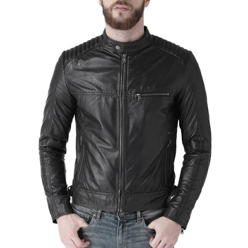 Black Leather Padded Shoulder Slim Fit Jacket By Bareskin