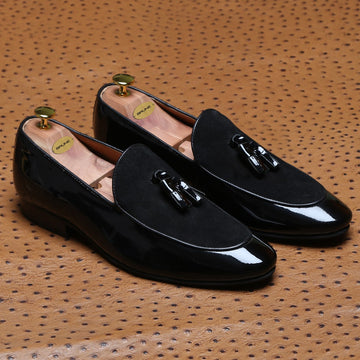 Black Glossy/Suede Leather Apron Toe Tassel Slip-On Shoes By Brune & Bareskin