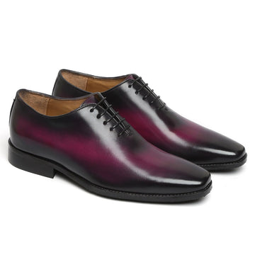 PURPLE HAND PAINTED LEATHER HANDMADE WHOLE CUT/ONE-PIECE OXFORD SHOES FOR MEN BY BRUNE & BARESKIN