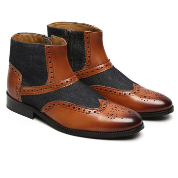 TAN LEATHER/CHARCOAL GREY DENIM FULL BROGUE BOOTS BY BRUNE