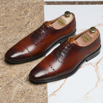 BROWN FULL BROGUE PUNCH LEATHER OXFORD SHOES BY BRUNE & BARESKIN