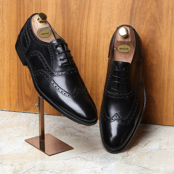 Black Full Wingtip Brogue Oxfords Leather Lace-Up Shoe BY Brune & Bareskin