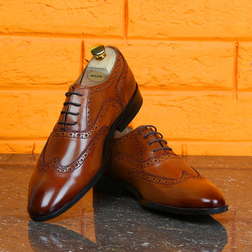 Tan Full Wingtip Brogue Oxfords Leather Shoe With Rubber Sole By BRUNE & BARESKIN