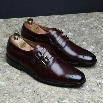 BROWN PARALLEL DOUBLE MONK STRAPS LEATHER FORMAL SHOES BY BRUNE & BARESKIN