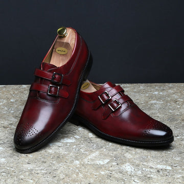 WINE PARALLEL DOUBLE MONK STRAPS LEATHER FORMAL SHOES BY BRUNE & BARESKIN