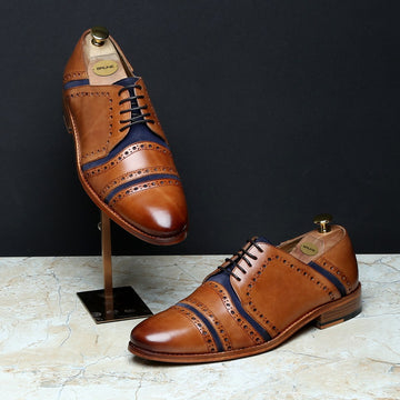 Tan Leather Blue Suede Punching Brogue Leather Lace-Up shoe
