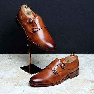 TAN CLOUDY FINISH LEATHER DOUBLE MONK SHOES BY BRUNE & BARESKIN