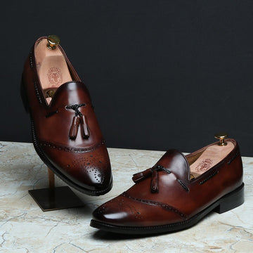 Dark Brown Quarter Brogue Toe Tassel Leather Slip-On Shoes