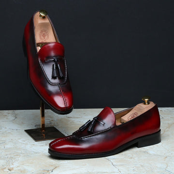 Rusty Look Wine-Brown Leather Tassel Slip-On Shoes