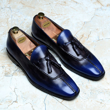 Rusty Look Blue -Black Leather Tassel Slip-On Shoe