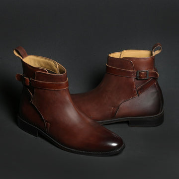 BROWN LEATHER WRAP AROUND BUCKLE STRAP BOOTS BY BRUNE & BARESKIN
