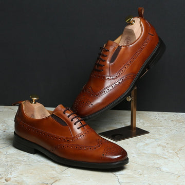 Tan Leather Lace-Up Sneakers With Punching Brogue Design