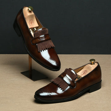 Patent Leather Slip-On Shoe With Dark Brown Suede Fringes
