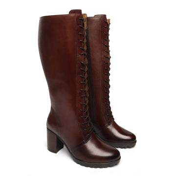 Dark Brown Leather Knee Height Full Lace Up Ladies Boots By Brune & Bareskin