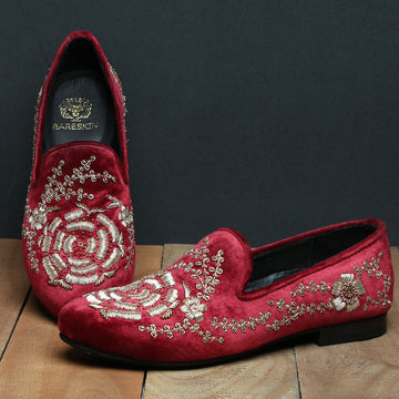 Golden Zardosi-Embroidered Slip-On Shoes in Maroon Italian Velvet