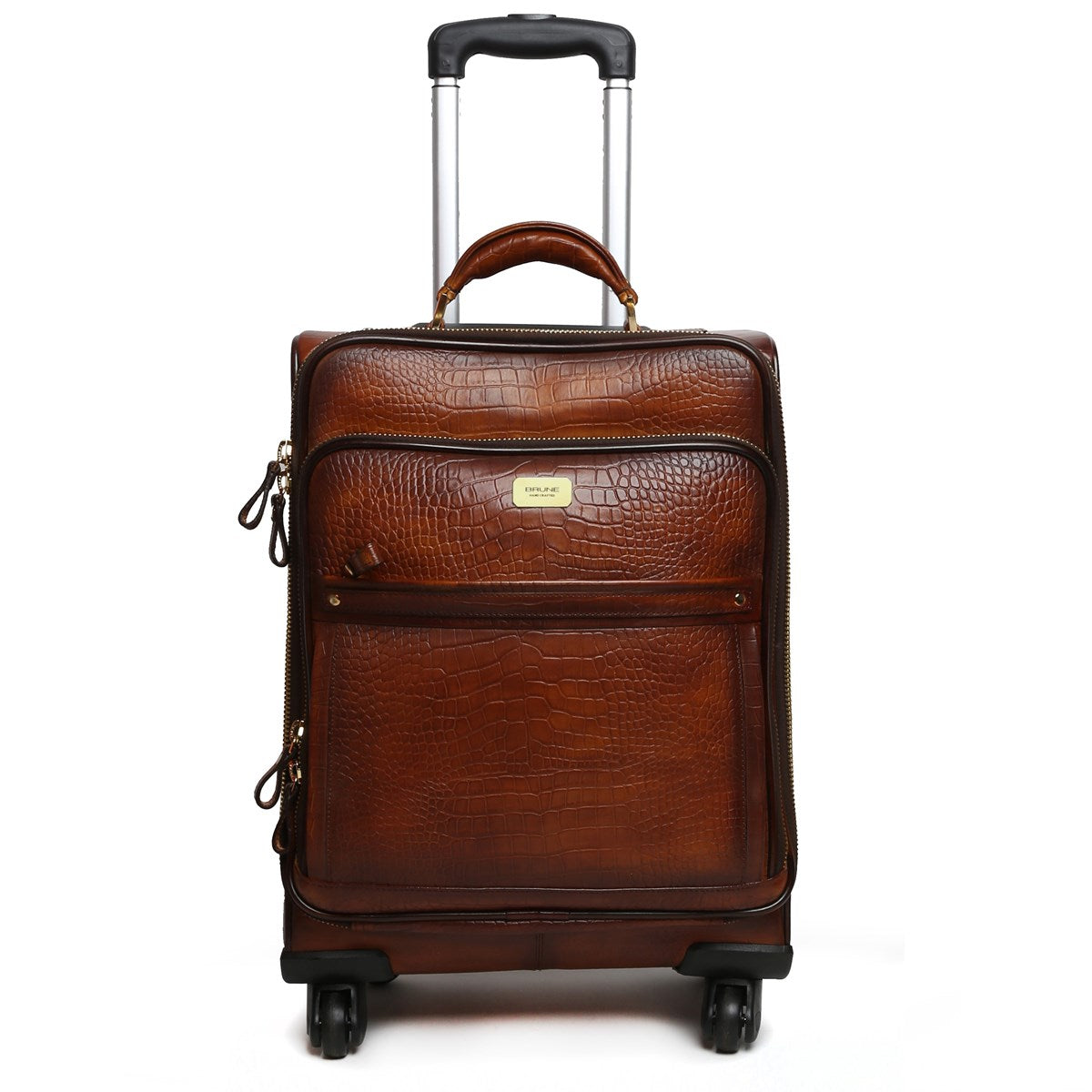 Croco Brown Quad Wheel Cabin Luggage Leather Bag With Golden Metal Zip