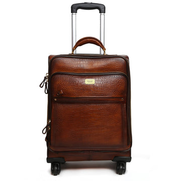 Croco Brown Quad Wheel Cabin Luggage Leather Bag With Golden Metal Zipper By Brune & Bareskin