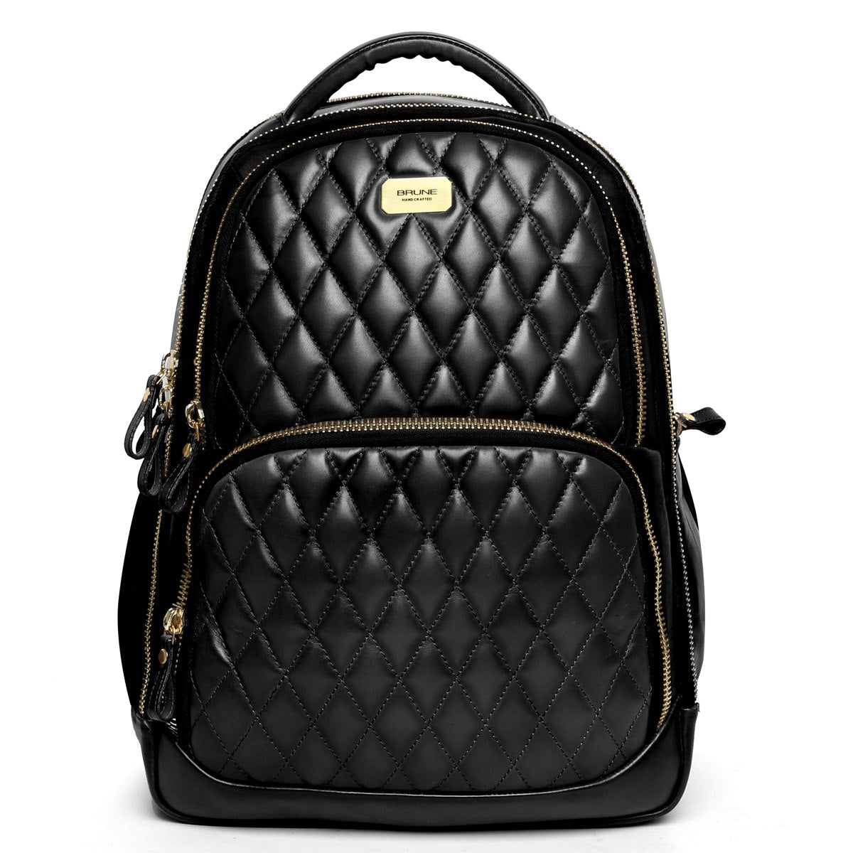 Front Padded Backpack with Diamond Stitched Pattern Black Leather