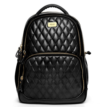 Front Padded  Backpack with Diamond Stitched Pattern Black Leather