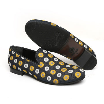 Yellow & White Polka Dots Embroidered Denim Men Slip-Ons By Bareskin