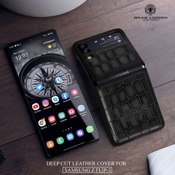 Samsung Galaxy Flip Series Grey Deep Croco Textured Leather Mobile Cover by Brune & Bareskin