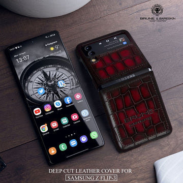 Samsung Galaxy Flip Series Wine Deep Croco Textured Leather Mobile Cover by Brune & Bareskin